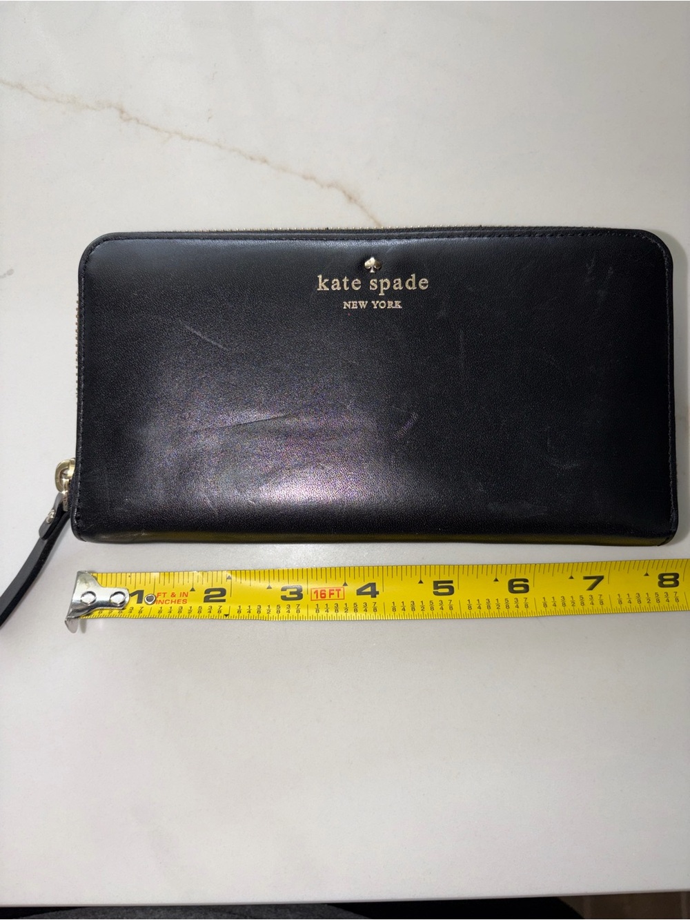 Kate Spade Madison black full zip wallet gold accents polka dot lining